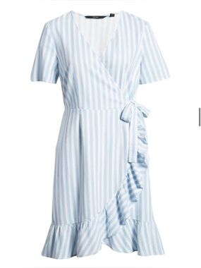 Vero Moda Helenmilo Blue White Stripe Wrap Front Linen Blend Dress Size S